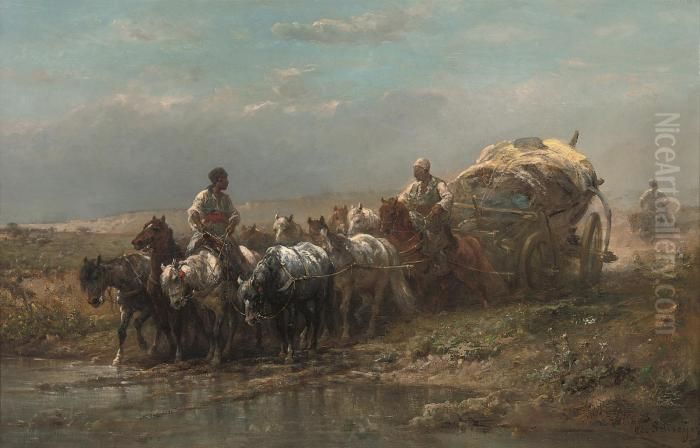 Fording A River Oil Painting by Adolf Schreyer