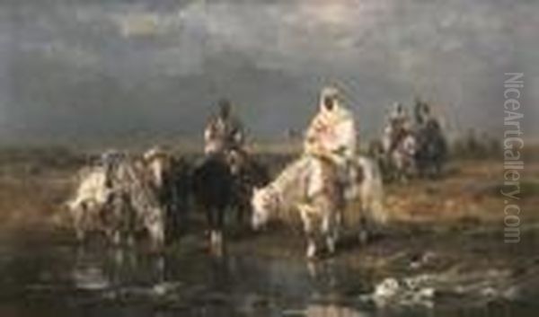 La Halte Des Cavaliers Oil Painting by Adolf Schreyer
