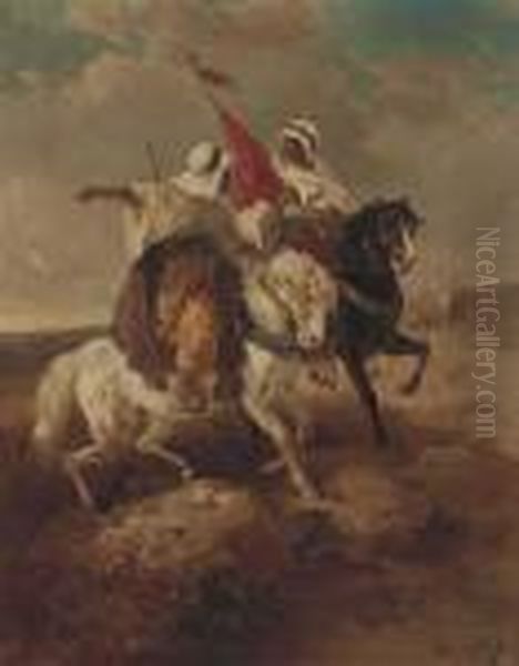 Arab Warriors In A Desert Oil Painting by Adolf Schreyer
