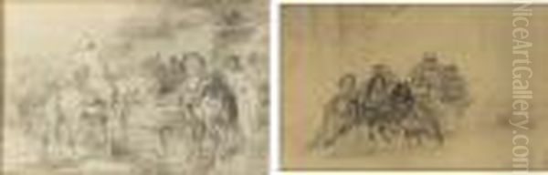 Arabain Horseman By A Well; And The Chase Oil Painting by Adolf Schreyer