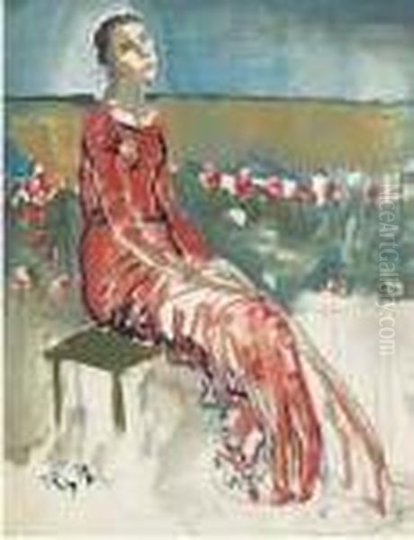 Sitzende Frau In Rotem Kleid - Ruckseitig Oil Painting by Johann Robert Schuerch