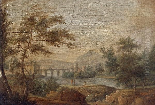 An Extensive River Landscape 
With Figures Resting On The Shore And An Aqueduct In The Distance Oil Painting by Christian Georg Schuttz II