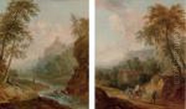 A Mountainous Landscape With 
Figures Resting By A Stream; And A Mountainous Landscape With Travellers
 And Mules On A Track Oil Painting by Christian Georg Schuttz II