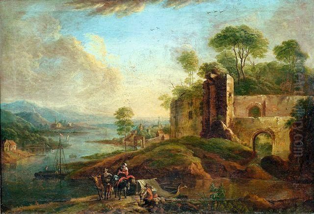 Flusslandschaft Mit Ruinosem 
Gebauden Links Und Hirten Mit Esel Und Schafen Im Vordergrund. Oil Painting by Christian Georg Schuttz II