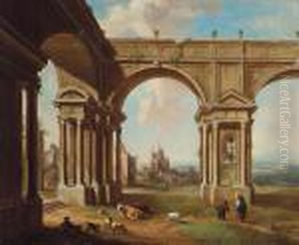 Antike Ruinenlandschaft Mit 
Einem Selbstbildnis Des Kunstlers Und Rastenden Hirten, Im Hintergrund 
Die Marienkirche Von Gelnhausen Oil Painting by Christian Georg Schuttz II