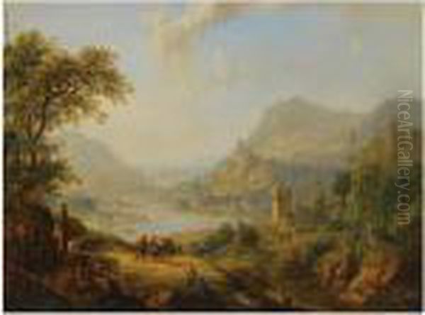 An Extensive Rhenish Landscape 
With Shepherds And Travellersresting On A Path In The Foreground, A View
 Of A Castle And Avillage Beyond Oil Painting by Christian Georg Schuttz II
