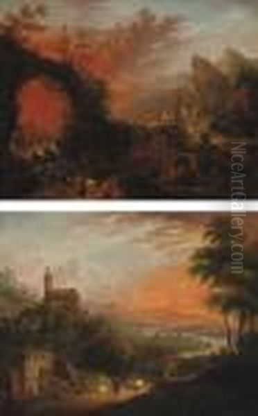 A Mountainous River Landscape 
With Travellers Near A Waterfall, A Watermill Nearby; And A Mountainous 
River Landscape With Peasants Near A Well, A Castle On A Hill Nearby Oil Painting by Christian Georg Schuttz II