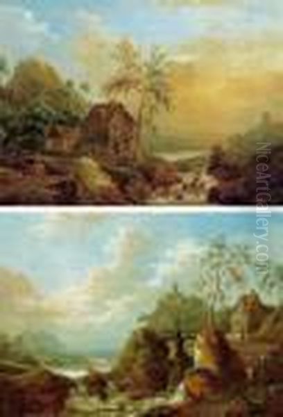 Paesaggio Fluviale Montuoso Con 
Castello E Viadanti; Paesaggio Fluviale Montuoso Con Una Casa Presso Una
 Cascata E Figure Oil Painting by Christian Georg Schuttz II