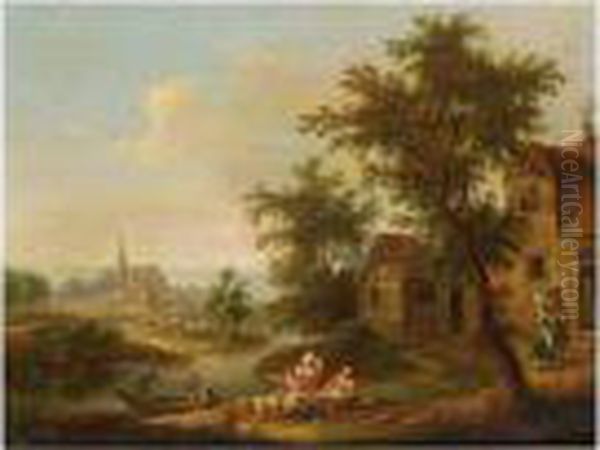 A River Landscape With Fishermen
 And Women Together With Children Unloading The Catch, Near A Farmhouse;
 A River Landscape With Figures Bathing, Two Figures In A Boat, A View 
Of A Church Beyond Oil Painting by Christian Georg Schuttz II