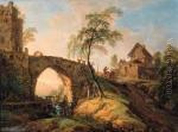 A Fisherman's Family On A River 
Bank Near A Watermill, Travellerson A Footbridge Beyond; And Travellers 
On A Stone Bridge Waving Toshepherds Halting At A Waterfall Beneath, A 
Cowherd On A Pathbeyond, At Sunset Oil Painting by Christian Georg Schuttz II