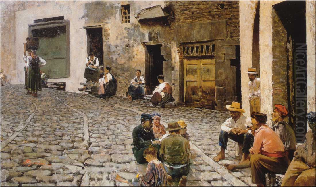 Chiacchiere a Riomaggiore Oil Painting by Telemaco Signorini
