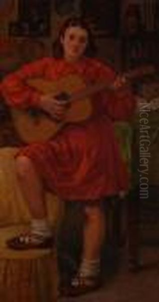 Ragazza Che Suona Lachitarra Oil Painting by Eugenio Scorzelli