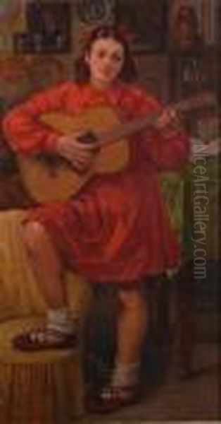 Bambina Che Suona La Chitarra Oil Painting by Eugenio Scorzelli