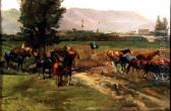 Cavalli Al Pascolo Oil Painting by Eugenio Scorzelli