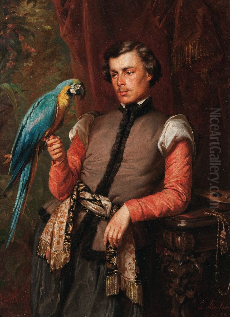 Nobleman with a Parrot Oil Painting by Jozef Simmler