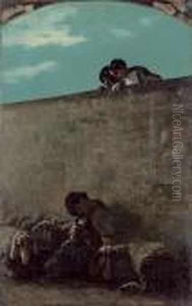 Le Educande, Il Pastore 
Addormentato. - Zwei Novizinnen Betrachten Schlafenden Hirten Mit Seinen
 Tieren Oil Painting by Giovanni Segantini