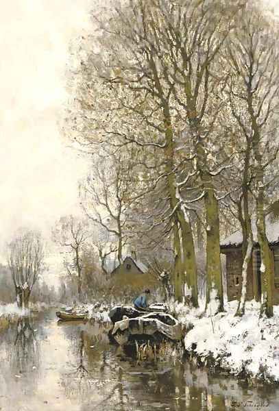 Along a snowcovered stream Oil Painting by Petrus Paulus Schiedges