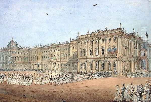 Review at the Winter Palace in St. Petersburg, 1840s Oil Painting by Vasili Semenovich Sadovnikov