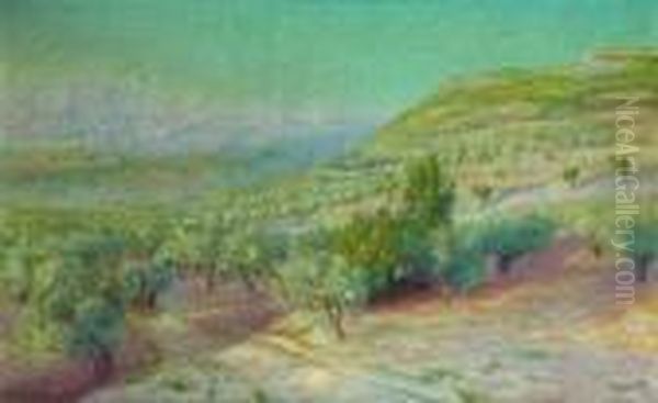 Paysage Provencal Anime D'un Paysan Conduisant Une Carriole. Oil Painting by Rene Seyssaud