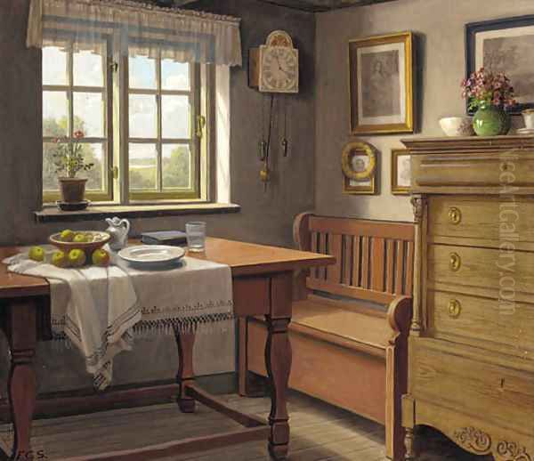 A bowl of apples on a partially draped table before a sunlit window Oil Painting by Carl Frederik Sorensen
