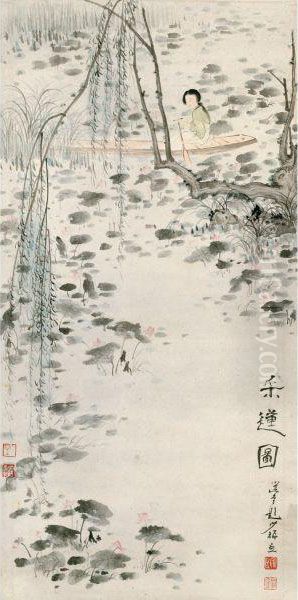 Boating On The Lotus Pond Oil Painting by Chen Shaomei