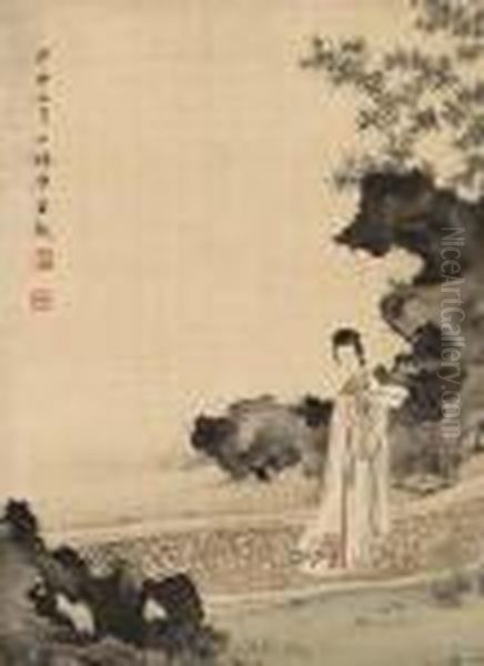 Lady Holding A Fan Oil Painting by Chen Shaomei