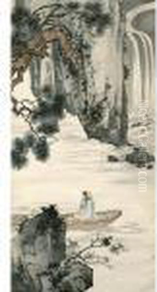 Viewing Waterfall Oil Painting by Chen Shaomei