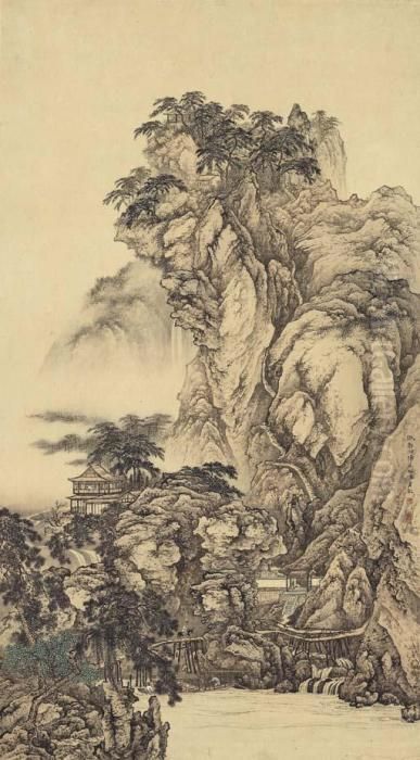 Landscape In The Manner Of Guoxi Oil Painting by Chen Shaomei
