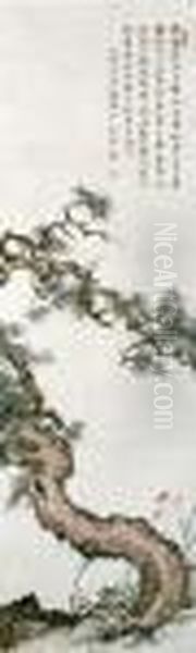 Pine And Daylily Oil Painting by Chen Shaomei