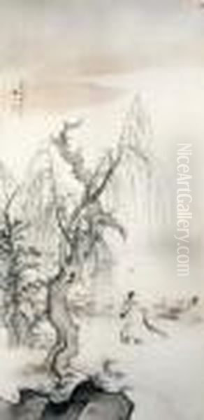 Reciting Poetry On A Willow Bank Oil Painting by Chen Shaomei