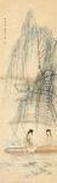 Lady And Willow Tree Oil Painting by Chen Shaomei