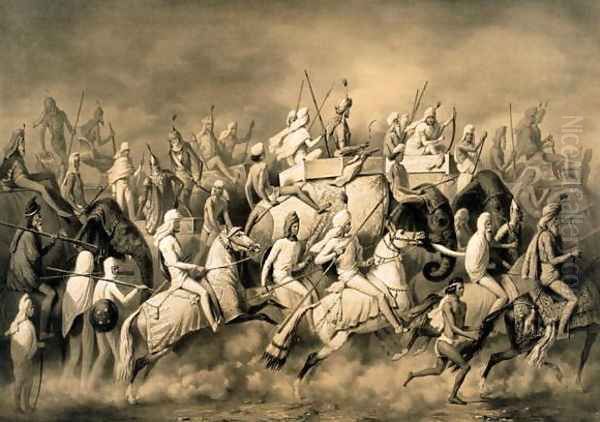 Maharaja Sher Sing of the Punjab and his entourage out hunting, engraved by Louis Henri de Rudder 1807-81 Oil Painting by A. Soltykoff