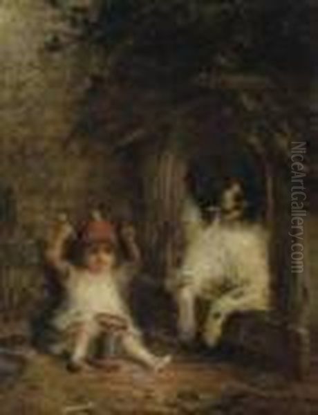 Child With Drum Set & St Bernard Oil Painting by Joseph Henry Sharp