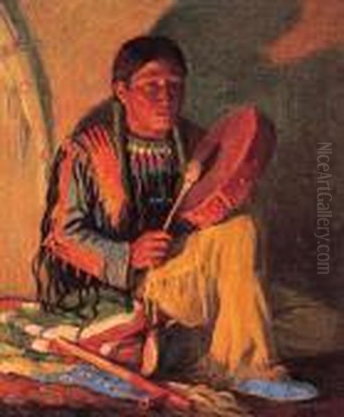 Taos Drummer Oil Painting by Joseph Henry Sharp