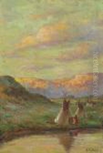 Teepee Reflection Oil Painting by Joseph Henry Sharp