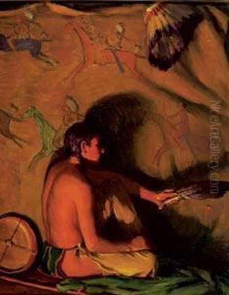 Hunting Son In Teepee Firelight Oil Painting by Joseph Henry Sharp