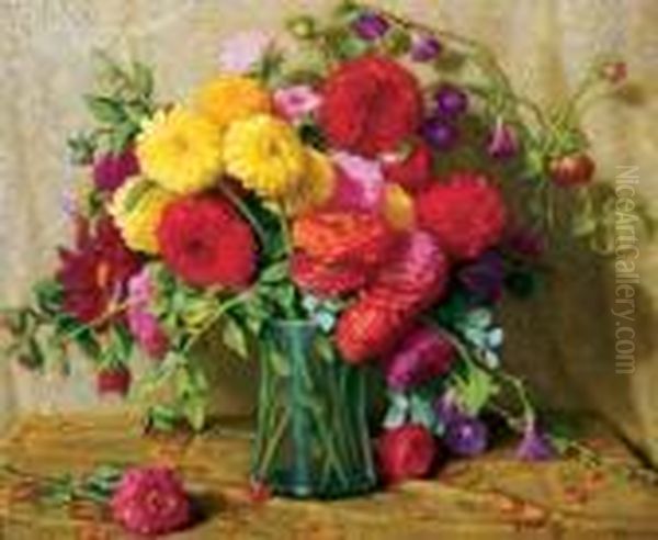 Zinnias And Dahlias Oil Painting by Joseph Henry Sharp