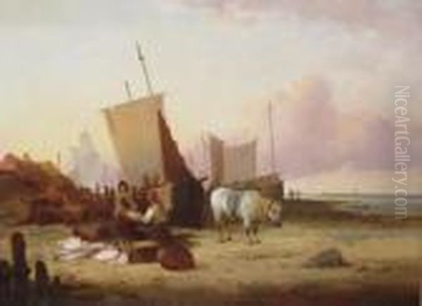 Coastal Scene With Fisherfolk Oil Painting by Snr William Shayer