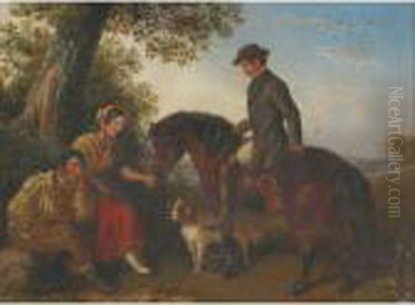 Gentleman Rider And His Dog Greeting A Gypsy Couple In Awood Oil Painting by Snr William Shayer