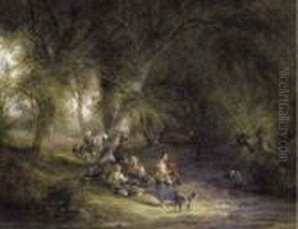 A Gypsy Encampment In A Wooded 
Landscape By A River, With Severalfigures, Donkeys And A Dog In The 
Foreground Oil Painting by Snr William Shayer