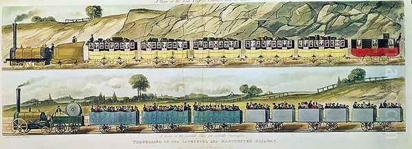 Travelling on the Liverpool and Manchester Railway A Train of the First Class of Carriages with the Mail, and A Train of the Second Class for Outside Passengers, engraved by S.G. Hughes, pub. by R. Ackermann, 1831 Oil Painting by Isaac Shaw