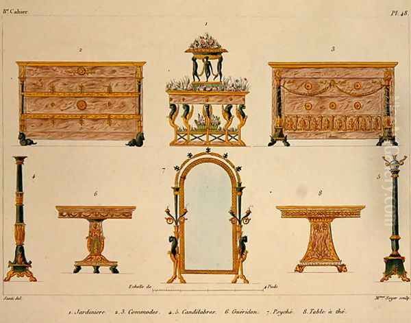 Furniture designs, engraved by Mme Soyer, plate 48 from Modeles de Meubles et de decorations interieures pur les meubles, published 1828-41 Oil Painting by M. Santi