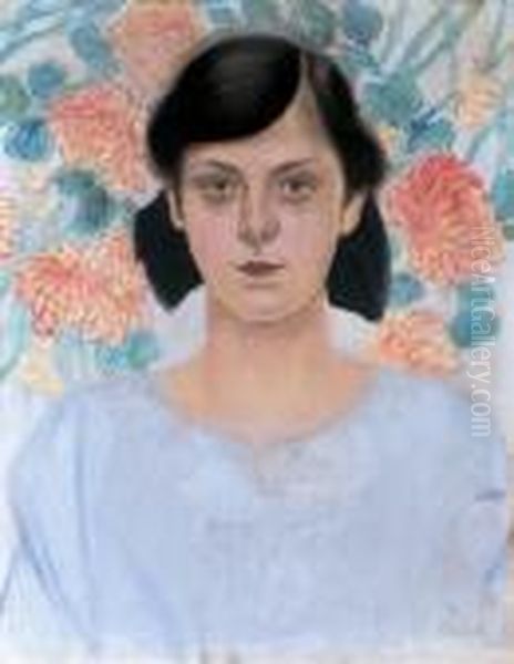 Portret Dziewczyny Na Tle Tapety W Chryzantemy, Ok. 1904-05 Oil Painting by Kazimierz Sichulski