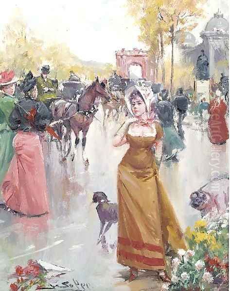 Buying flowers on a bustling Parisian boulevard Oil Painting by Joan Roig Soler