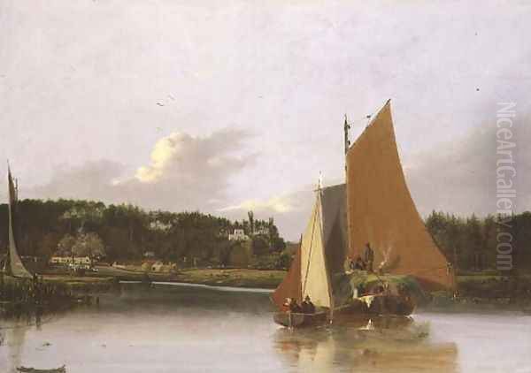 Boats on the Yare near Bramenton, Norfolk, 1828 Oil Painting by Joseph Stannard