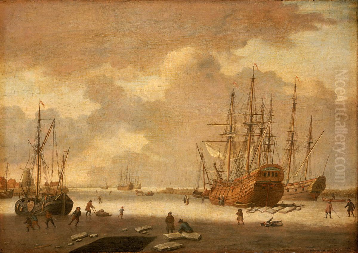 A Dutch Whaler and Other Vessels in the Ice Oil Painting by Adam Silo