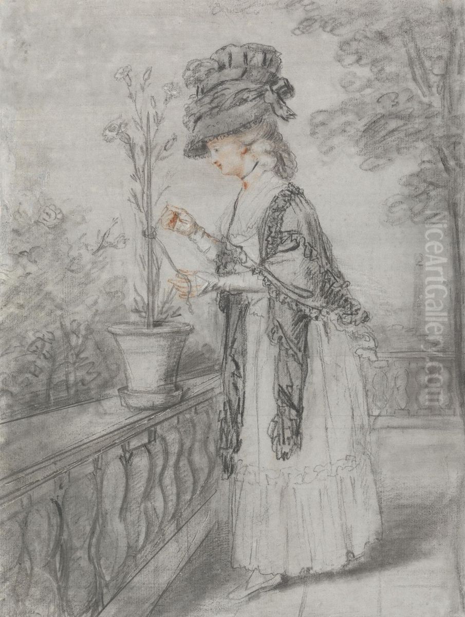 Lady on a Terrace Tending a Carnation Plant Oil Painting by John Raphael Smith