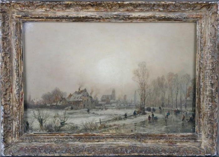 A Winter Scene With Skaters And Buildings Beyond Oil Painting by Alfred Sisley
