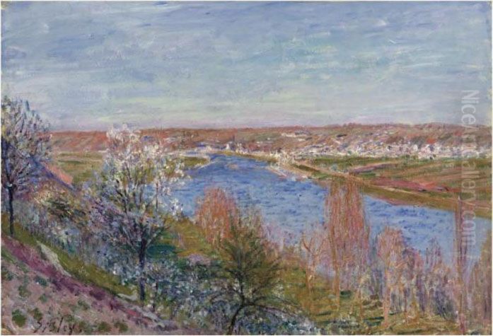 Le Village De Champagne Au Coucher Du Soleil - Avril Oil Painting by Alfred Sisley