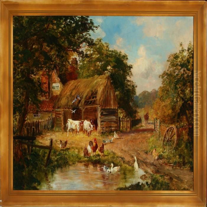 Idyllic Farm Scenery With Animals By A Pond Oil Painting by John Falconar Slater